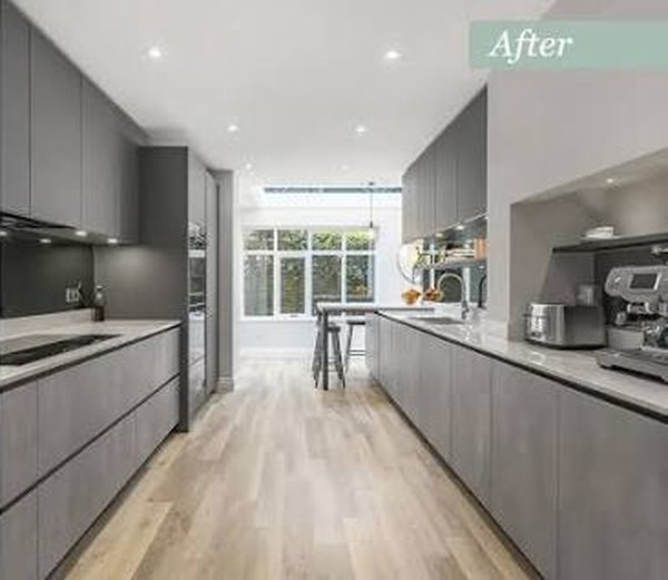 Remodeled galley kitchen with new cabinets and countertops in Pinellas County